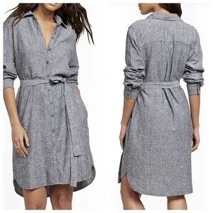 Soho Street New York & Co Belted Shirt Dress Sz L Gray Linen Blend Long Sleeve